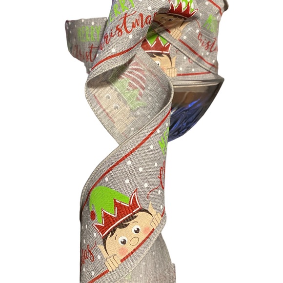 Merry Christmas Holiday Elf 100 Ft Spool Roll Ribbon Grey  Wired Edge 2.5” Bow - Picture 4 of 6